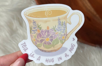 "Tea is a hug in a mug" Cute Floral Cup Sticker