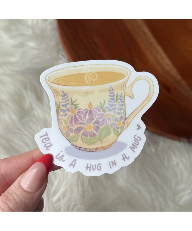 "Tea is a hug in a mug" Cute Floral Cup Sticker