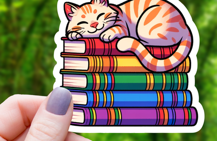Tabi Cat On Pile of Books Sticker - 3"