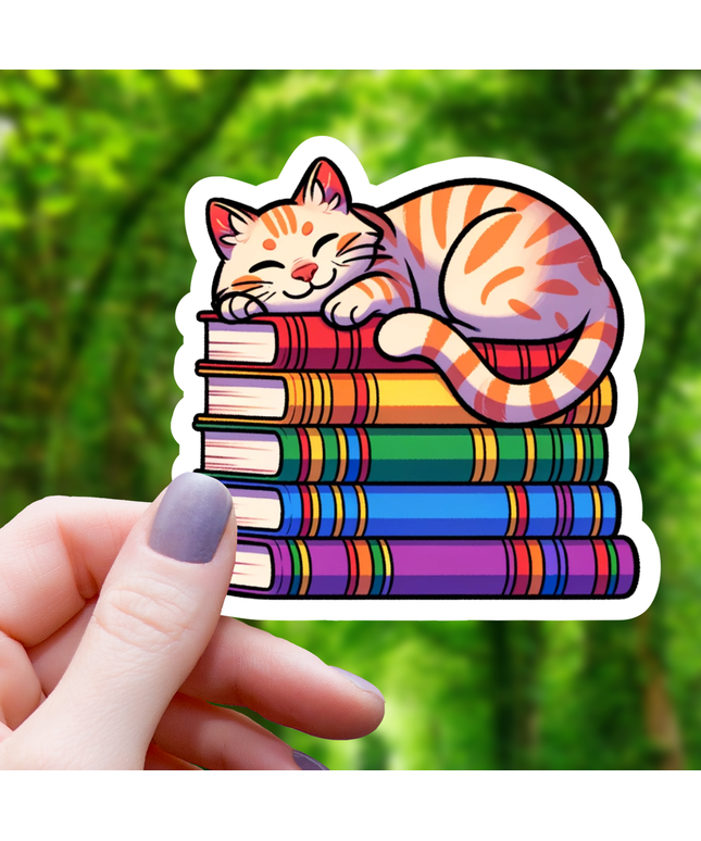 Tabi Cat On Pile of Books Sticker - 3"